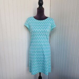 New York & Company Women's Green White Cotton Chevron Print Dress Short Sleeve S